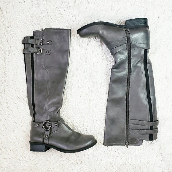 Guess Gray Riding Boots Buckle Logo Zips Size 6 Women Fall Comfy Style - Picture 4 of 6
